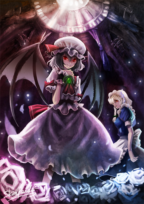 bad_id bat_wings braid hat izayoi_sakuya lly maid multiple_girls purple_hair red_eyes remilia_scarlet short_hair silver_hair touhou twin_braids wings