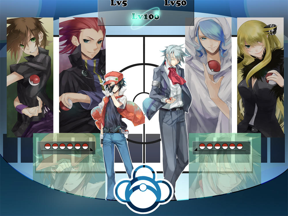 alternate_costume bad_id baseball_cap black_hair blonde_hair blue_eyes blue_hair breasts brown_hair cape cleavage closed_eyes cravat epic fingerless_gloves gloves green_eyes gym_leader hat holding holding_poke_ball jacket jeans long_hair mikuri_(pokemon) multiple_boys ookido_green ookido_green_(frlg) open_mouth poke_ball pokemon pokemon_(game) pokemon_dppt pokemon_rgby pokemon_rse power_level red_(pokemon) red_(pokemon)_(classic) red_eyes red_hair redhead shiratama_moyashi shirodama_moyashi shirona_(pokemon) short_hair silver_hair smile throwing_poke_ball tsuwabuki_daigo waist_poke_ball wataru_(pokemon) wristband