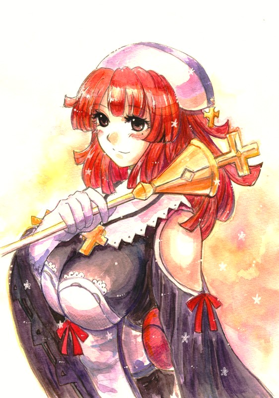 blush breasts brown_eyes bust cross gloves green_eyes hat la_pucelle large_breasts mole nippon_ichi prier rabihiko red_hair redhead ribbon smile sparkle traditional_media watercolor_(medium)