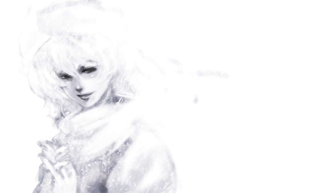 blue_man empty_eyes face hands_clasped hat letty_whiterock monochrome scarf short_hair smile snow solo touhou white white_background