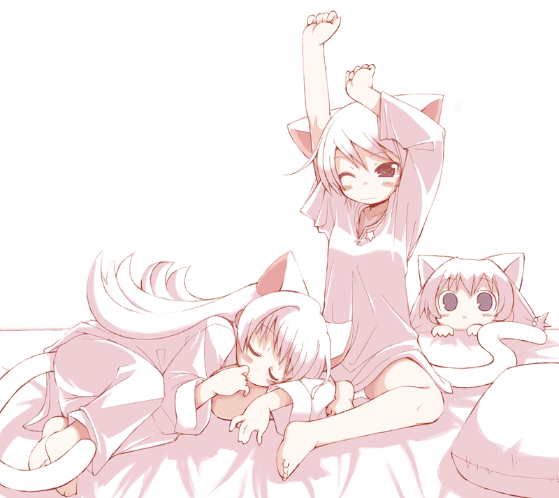 animal_ears barefoot bed black_eyes blue_eyes blush_stickers cat_ears cat_tail dejiko di_gi_charat feet long_hair lying mike_(di_gi_charat) monochrome multiple_girls on_side pajamas panties pillow pink puchiko red_eyes rinna saxyun short_hair sitting sleeping spot_color stretch tail underwear usada_hikaru white_hair wince