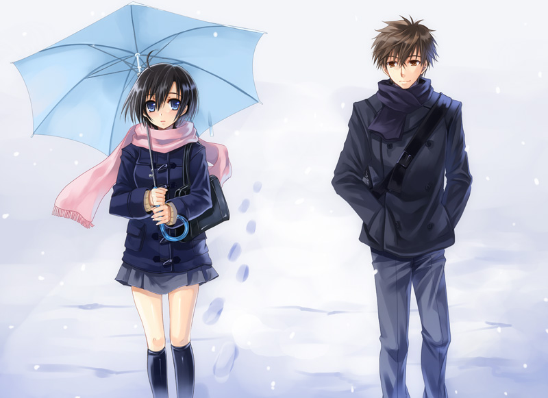 blue_eyes blush brown_hair couple macchatei_koeda original scarf short_hair skirt snow umbrella