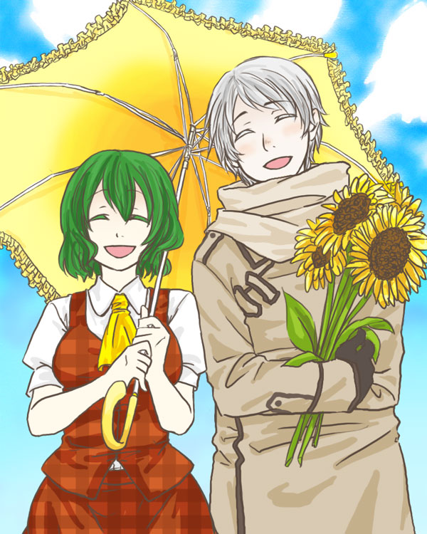 1girl :d ascot axis_powers_hetalia breasts closed_eyes colored_eyelashes couple crossover daico flower green_hair holding holding_flower kazami_yuuka male open_mouth parasol plaid plaid_skirt plaid_vest russia_(hetalia) short_hair skirt skirt_set smile sunflower touhou umbrella