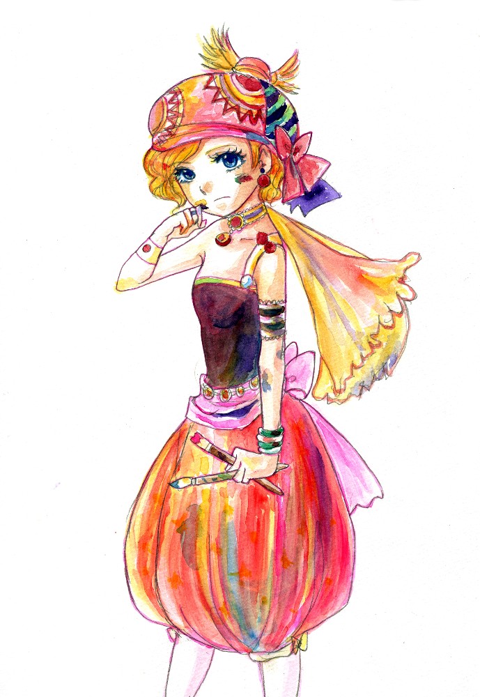 blonde_hair blue_eyes final_fantasy final_fantasy_vi flat_chest paint paintbrush rabihiko relm_arrowny short_hair traditional_media watercolor_(medium)