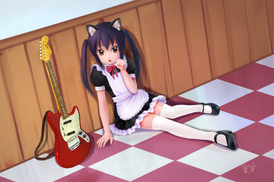 animal_ears apron bad_id black_hair bow cat_ears checkered electric_guitar enmaided fender guitar instrument jackiexp k-on! maid mary_janes mustang mustang(guitar) nakano_azusa shoes sitting solo thigh-highs thighhighs twintails white_legwear white_thighhighs wudi_de_pangxie zettai_ryouiki