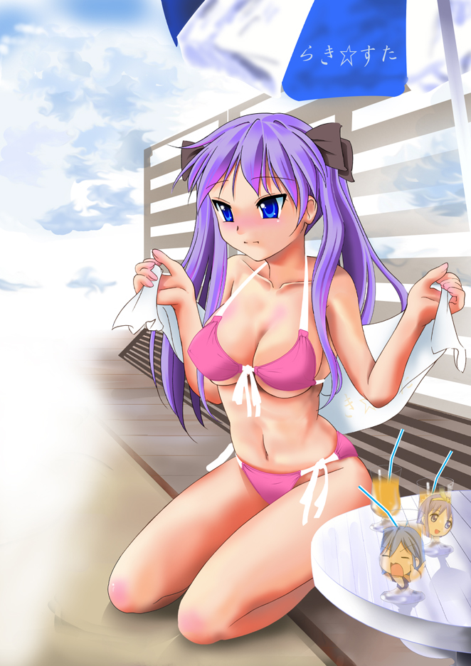 blue_eyes blue_hair blush breasts drink front-tie_top hair_ribbon hiiragi_kagami hiiragi_tsukasa izumi_konata kneeling large_breasts long_hair lucky_star navel onaka_sukisuki purple_hair ribbon side-tie_bikini swimsuit table tareme towel tsurime twintails umbrella