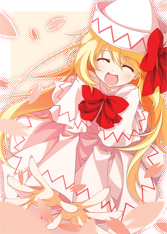 ^_^ blonde_hair blush bow closed_eyes dress halftone halftone_background hands happy hat lily_white long_hair open_mouth outstretched_hand petals reina_(black_spider) ribbon smile touhou