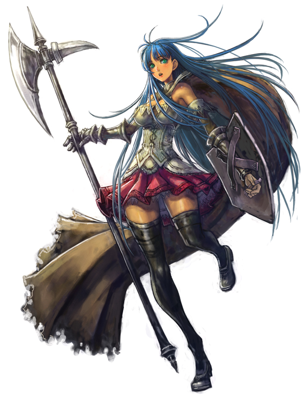 blue_eyes blue_hair boots cape detached_sleeves docoi fantasy gauntlets green_eyes halberd long_hair original polearm shield simple_background skirt solo thigh-highs thigh_boots thighhighs weapon