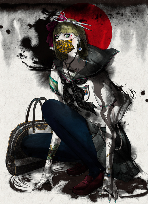 bandages earring earrings green_eyes hiroyuki_takahashi jewelry mask original purse school_uniform scissors serafuku solo squatting stethoscope surgical_mask tattoo traditional_media watercolor_(medium)