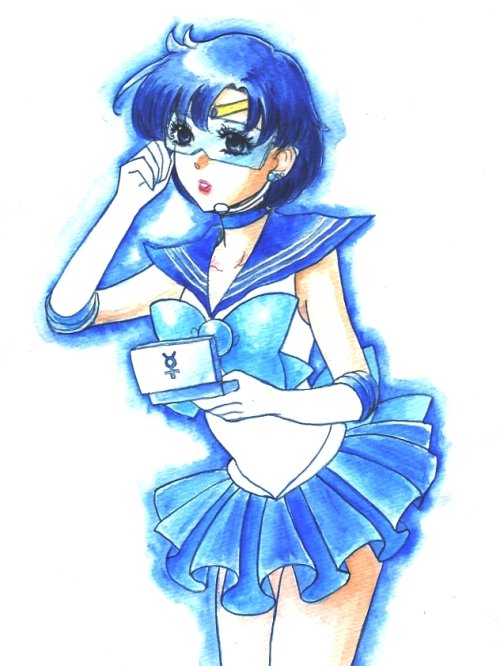 bishoujo_senshi_sailor_moon blue blue_eyes blue_hair goggles headset magical_girl mizuno_ami rabihiko ribbon sailor_mercury sailor_uniform sentai short_hair skirt solo tiara traditional_media video_game visor watercolor_(medium)