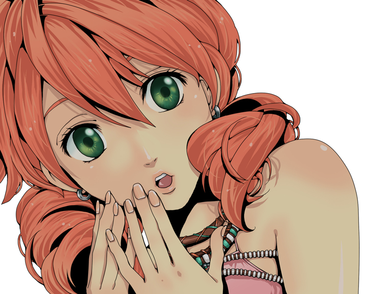 bad_id coco-nattou coco_(nattou) earrings face final_fantasy final_fantasy_xiii green_eyes jewelry oerba_dia_vanille open_mouth orange_hair short_twintails simple_background solo twintails white_background