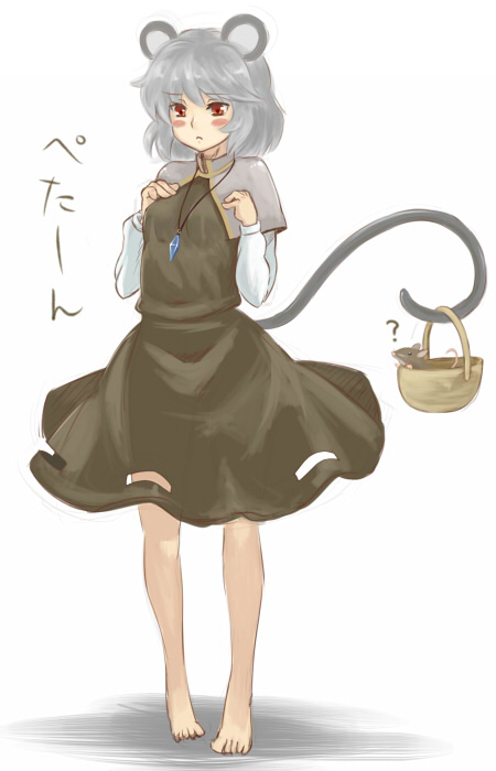 ? animal_ears bare_legs barefoot basket blush_stickers capelet dress flat_chest gem grey_hair jewelry mouse mouse_ears mouse_tail nazrin necklace peperoncirno prehensile_tail red_eyes sad short_hair solo tail touhou translated translation_request