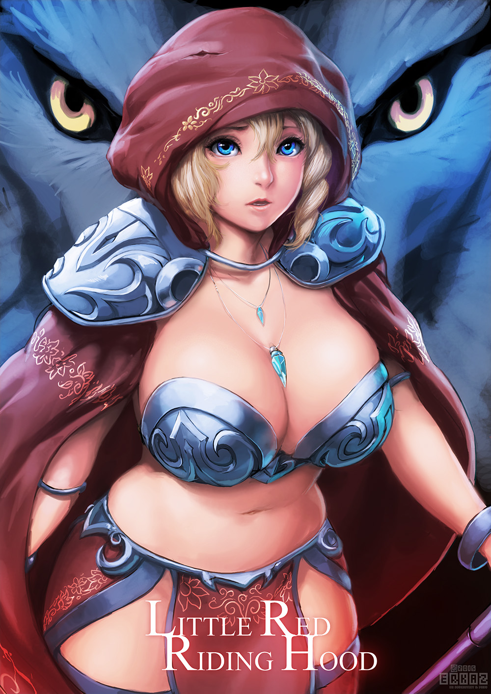 1girl blonde_hair blue_eyes breasts cosplay erkaz highres huge_breasts little_red_riding_hood