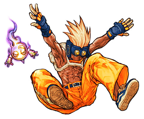 1boy 90s abs backpack bag blonde_hair blue_eyes cannon_spike capcom dark_skin familiar fingerless_gloves gloves goggles goggles_on_head gunspike jumping muscle nishimura_kinu official_art pants shiba_(cannon_spike) shiba_(gunspike) shirtless shoes sneakers spiked_hair spiky_hair