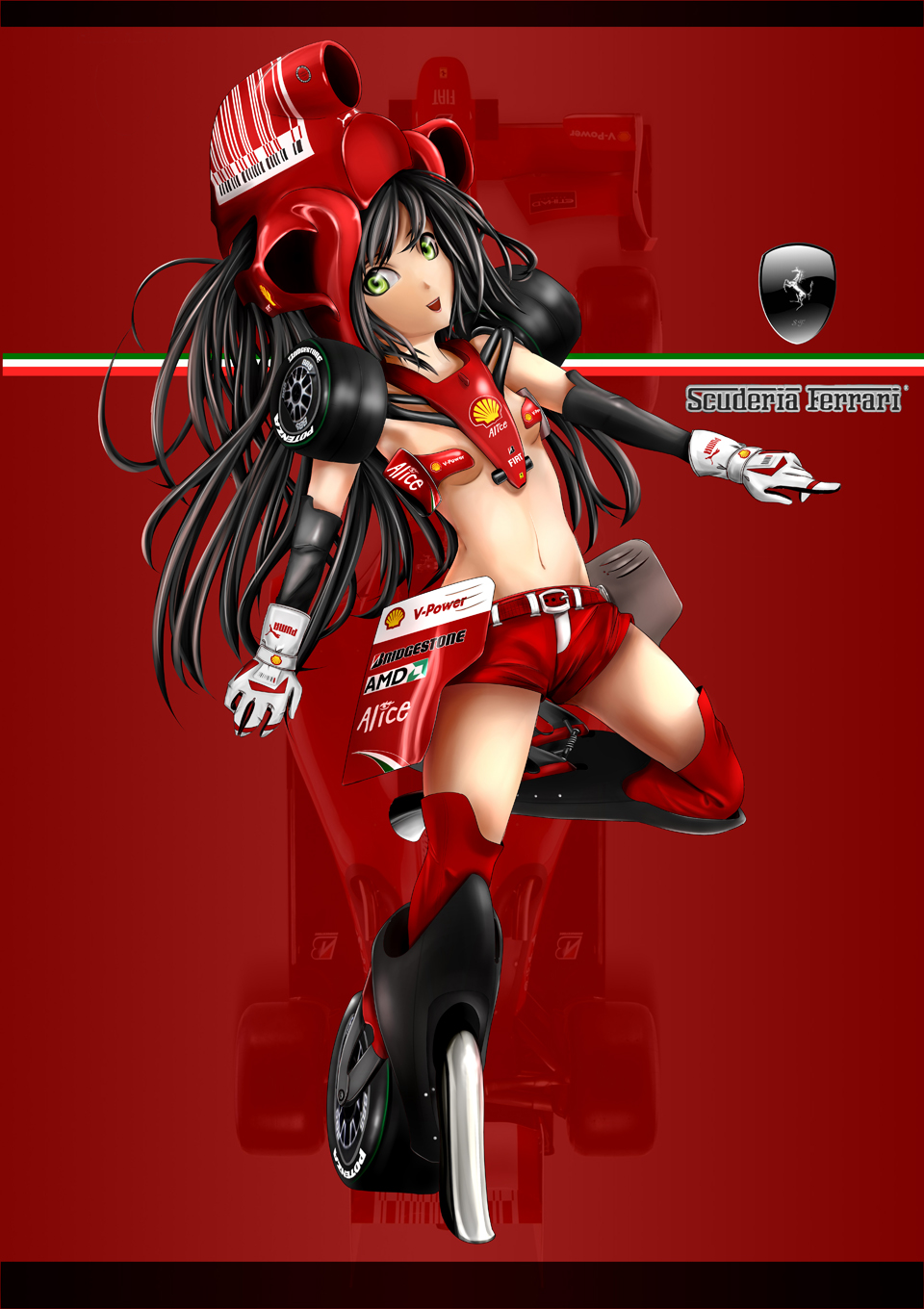 1girl black_hair breasts elbow_gloves ferrari formula_one gloves green_eyes highres long_hair mecha_musume navel personification pigeon-capsule short_shorts shorts solo thigh-highs thighhighs under_boob underboob wheels