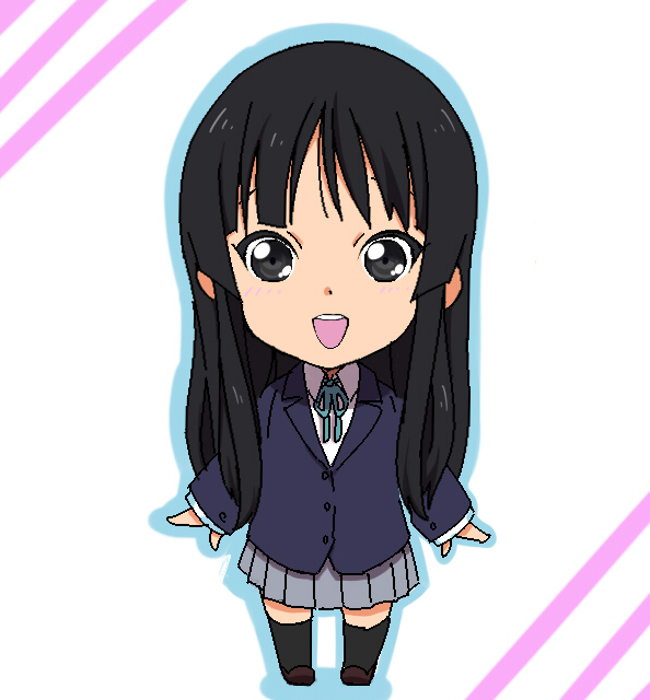 1girl akiyama_mio black_eyes black_hair black_legwear blush chibi hime_cut k-on! long_hair looking_at_viewer open_mouth school_uniform sd simple_background skirt smile solo thigh-highs thighhighs uniform very_long_hair