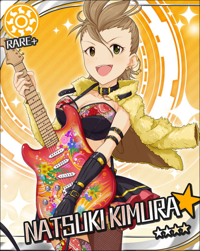 arm_belt belt_choker breasts brown_hair character_name cleavage collar elbow_gloves electric_guitar gloves green_eyes guitar idolmaster idolmaster_cinderella_girls instrument jpeg_artifacts kimura_natsuki looking_at_viewer midriff miniskirt official_art orange_background playing_instrument quiff skirt smile solo sun_(symbol) thigh-highs thighhighs