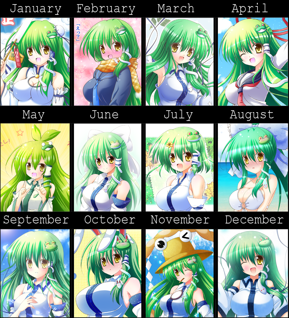 animal_ears armpits blush breasts bunny_ears chart comparison detached_sleeves frog_hair_ornament gohei green_hair hair_ornament hair_tubes kochiya_sanae large_breasts long_hair neckerchief ocean open_mouth osashin_(osada) pocky ponytail pyonta rabbit_ears scarf school_uniform serafuku short_hair smile snake_hair_ornament swimsuit touhou wink yellow_eyes