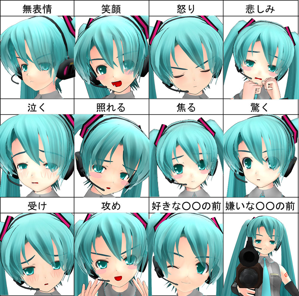 1girl 3d angry aqua_eyes aqua_hair blush crying embarrassed expressions gun happy hatsune_miku looking_at_viewer mikumikudance sad smile solo tears translated translation_request twintails vocaloid weapon wink