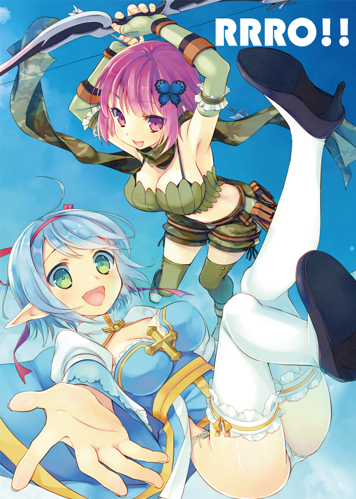 :d archbishop_(ragnarok_online) armpits arms_up arrow bare_shoulders blue_hair blue_sky bow_(weapon) breasts butterfly_hair_ornament cleavage elbow_gloves fingerless_gloves gloves green_eyes green_legwear hair_ornament hair_ribbon high_heels lace lace-trimmed_thighhighs large_breasts midriff multiple_girls nama2e open_mouth outstretched_hand panties pink_eyes pink_hair pointy_ears ragnarok_online ranger_(ragnarok_online) ribbon scarf shoes short_hair shorts side-tie_panties sky smile string_panties thigh-highs thighhighs underwear weapon white_legwear white_panties
