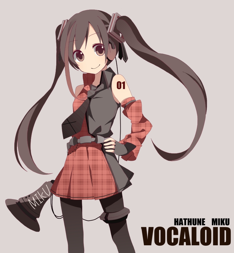 alternate_color aren_(fubuki-46) belt character_name detached_sleeves elbow_gloves fingerless_gloves gloves hand_on_hip hatsune_miku headphones long_hair megaphone necktie pantyhose simple_background skirt smile solo twintails very_long_hair vocaloid