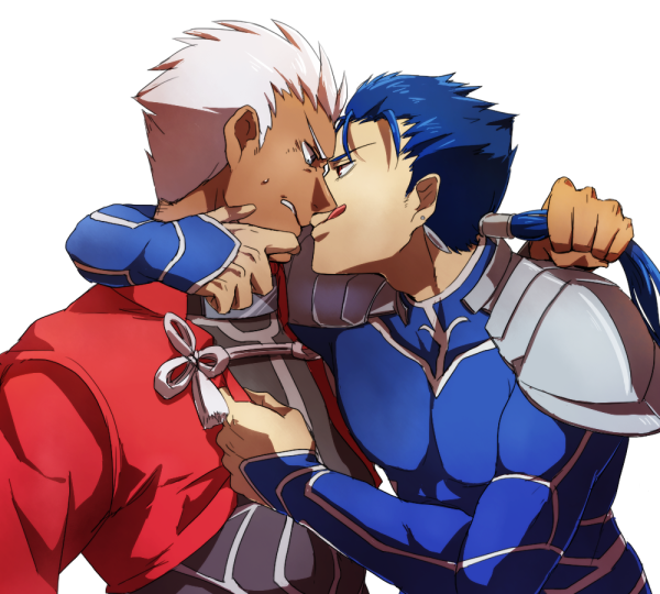 archer blue_hair dark_skin earrings fate/stay_night fate_(series) grey_eyes hair_pull jewelry lancer licking_lips long_hair multiple_boys ponytail red_eyes ruchi white_hair yaoi
