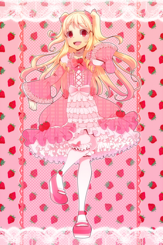blonde_hair bloomers blush bow dress food food_as_clothes food_themed_clothes frills fruit hair_bow hair_ornament lolita_fashion long_hair long_sleeves mary_janes open_mouth original pantyhose petticoat red_eyes ribbon ribbons shoes sleeves_past_wrists smile solo strawberry sweet_lolita two_side_up utani_(punishment) white_legwear wide_sleeves