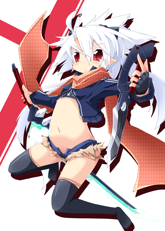 1girl fingerless_gloves flat_chest gloves midriff navel original pointy_ears red_eyes reku shiroko_(reku) solo sword thigh-highs thighhighs weapon white_hair