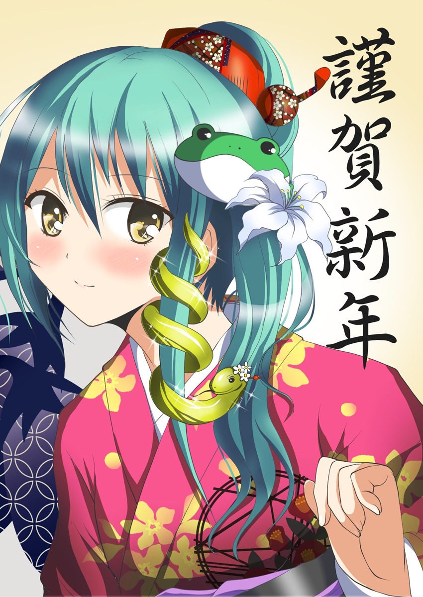 2013 breasts deego_(omochi_bazooka) floral_print flower frog_hair_ornament green_eyes green_hair hair_flower hair_ornament highres japanese_clothes kimono kochiya_sanae long_hair obi shippou_(pattern) smile snake_hair_ornament solo sparkle touhou