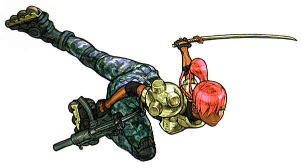 90s armor camouflage cannon_spike capcom cargo_pants dark_skin dual_wielding elbow_pads fingerless_gloves gloves green_eyes gun gunspike h&amp;k_mp5 inline_skates katana knee_pads military nishimura_kinu official_art pauldrons pink_hair red_hair roller_skates simone skates solo submachine_gun suppressor sword toned topknot weapon