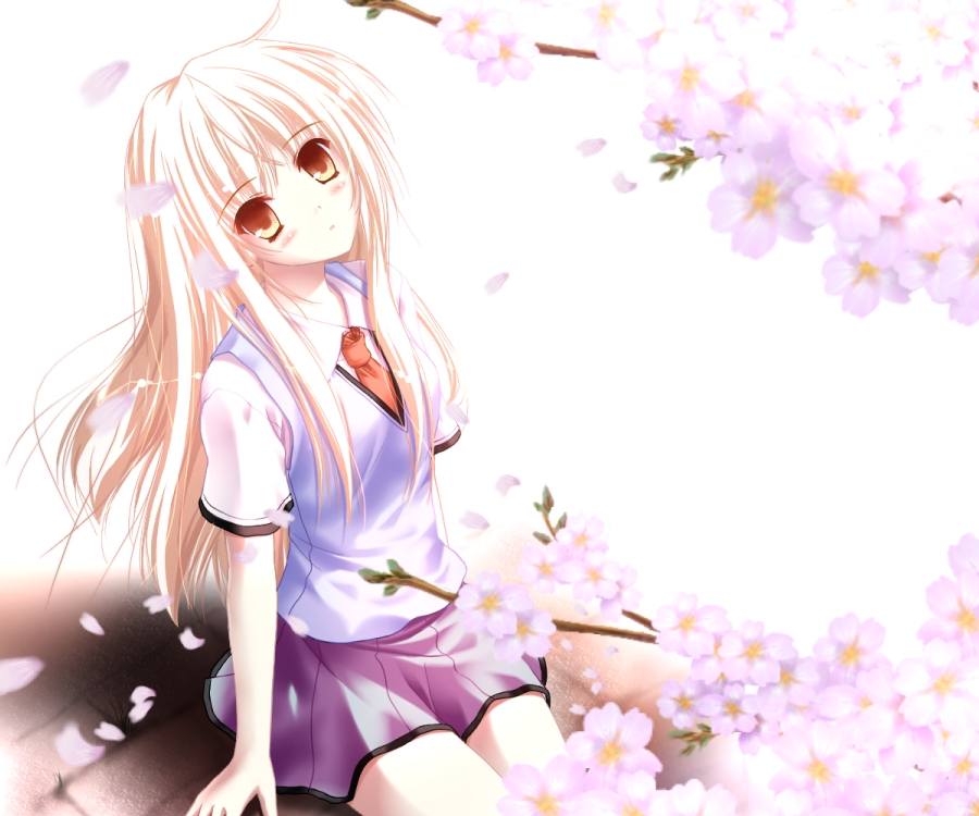 blonde_hair cherry_blossoms flower long_hair necktie orange_eyes petals sakura-sou_no_pet_na_kanojo school_uniform shiina_mashiro sitting solo twig