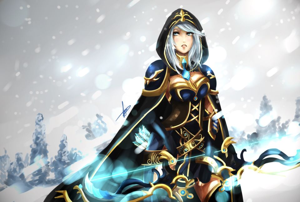 1girl arrow ashe_(league_of_legends) bow cape hannah_santos hoodie league_of_legends signature snow solo standing tree watermark weapon white_hair