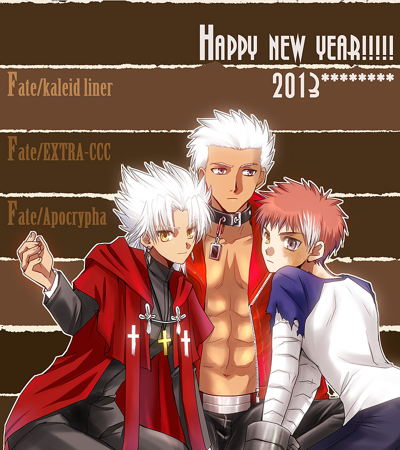 3boys abs archer bandage bandages brown_eyes brown_hair capelet collar cross cross_necklace cuffs dark_skin emiya_shirou fate/apocrypha fate/extra fate/extra_ccc fate/kaleid_liner_prisma_illya fate_(series) handcuffs happy_new_year jacket jewelry kotomine_shirou multicolored_hair multiple_boys multiple_persona necklace new_year open_clothes open_jacket raglan_sleeves red_hair red_jacket redhead scarf setta_(tokinon) stole title_drop two-tone_hair two-toned_hair white_hair yellow_eyes
