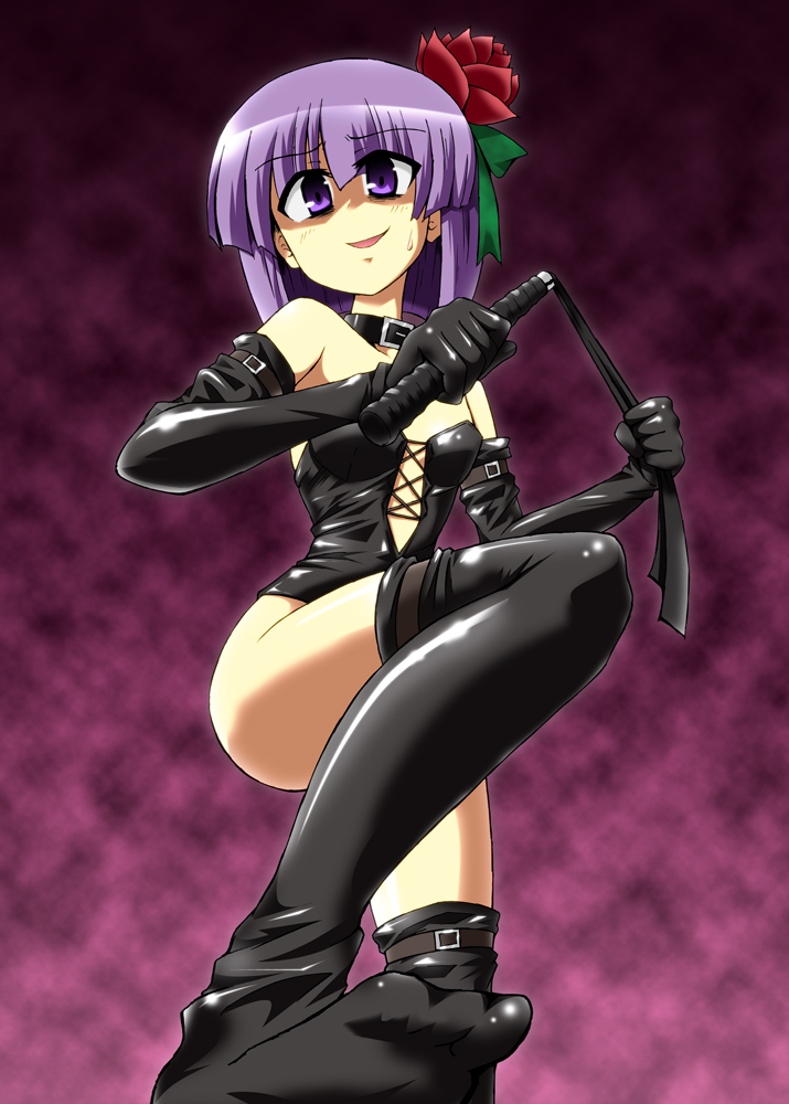 blunt_bangs crazy cross-laced_clothes dominatrix hair_ornament hieda_no_akyuu kousei_(public_planet) solo thigh-highs thighhighs touhou whip