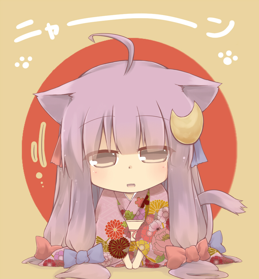 ahoge animal_ears bow cat_ears cat_tail cherry_blossoms chibi chrysanthemum crescent floral_print flower furisode hair_bow hazuki_ruu japanese_clothes kemonomimi_mode kimono lavender_eyes lavender_hair long_hair new_year obi patchouli_knowledge seiza sitting solo tail touhou yukata