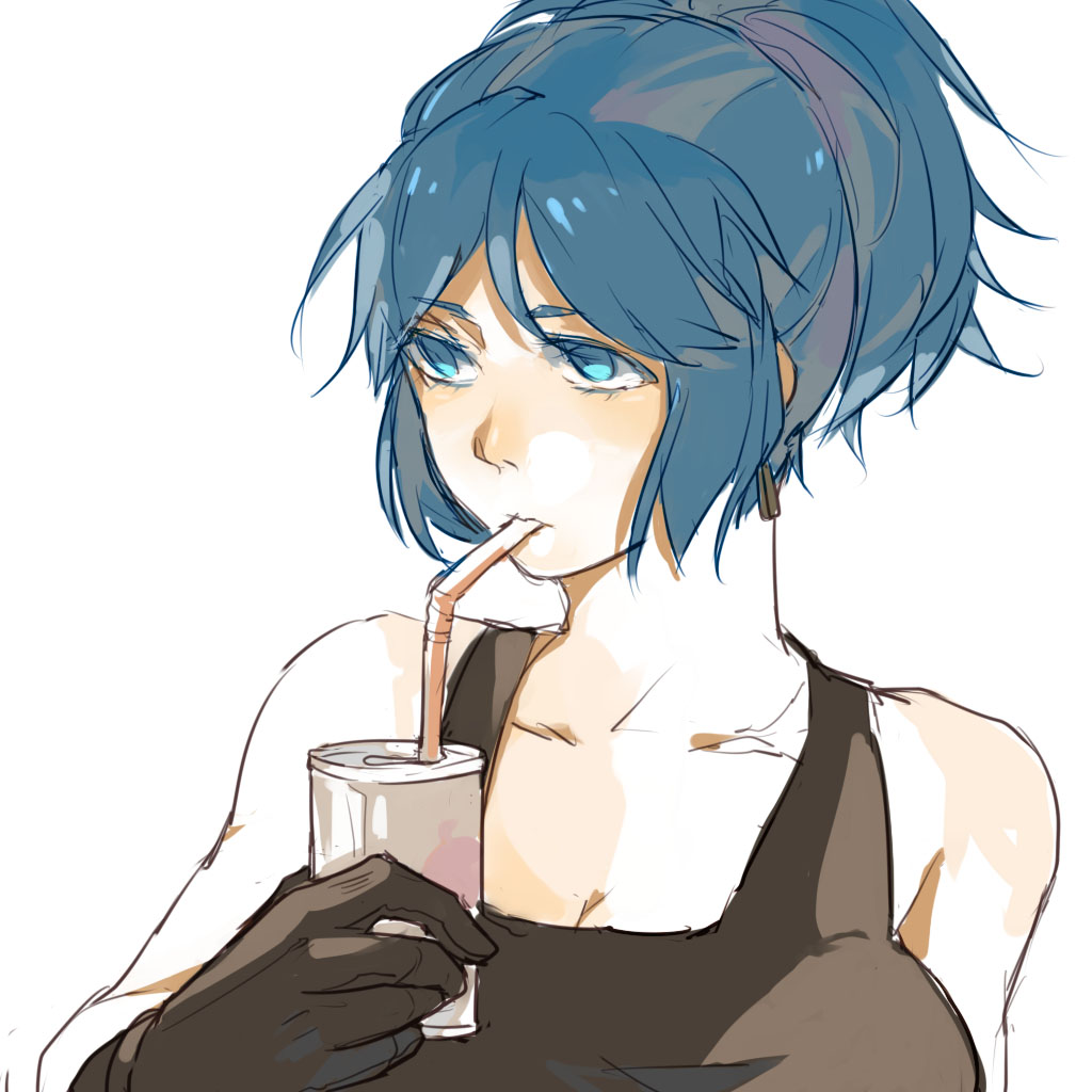 alternate_hairstyle apple_juice bare_shoulders black_gloves blue_eyes blue_hair breasts can cleavage drink drinking gloves king_of_fighters large_breasts leona_heidern long_hair ponytail shuang9705 sipping solo straw tank_top updo