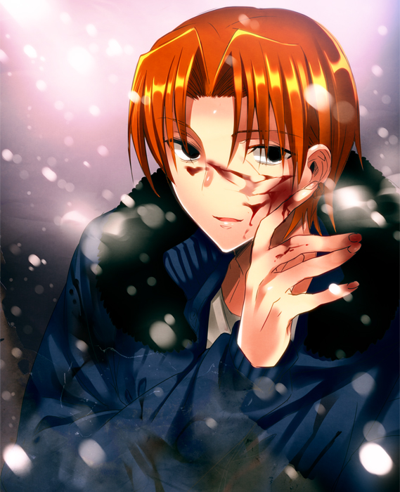 black_eyes blood blood_on_face blue_jacket fate/zero fate_(series) haruno_(kanimeshi) jacket orange_hair short_hair snowing solo uryuu_ryuunosuke