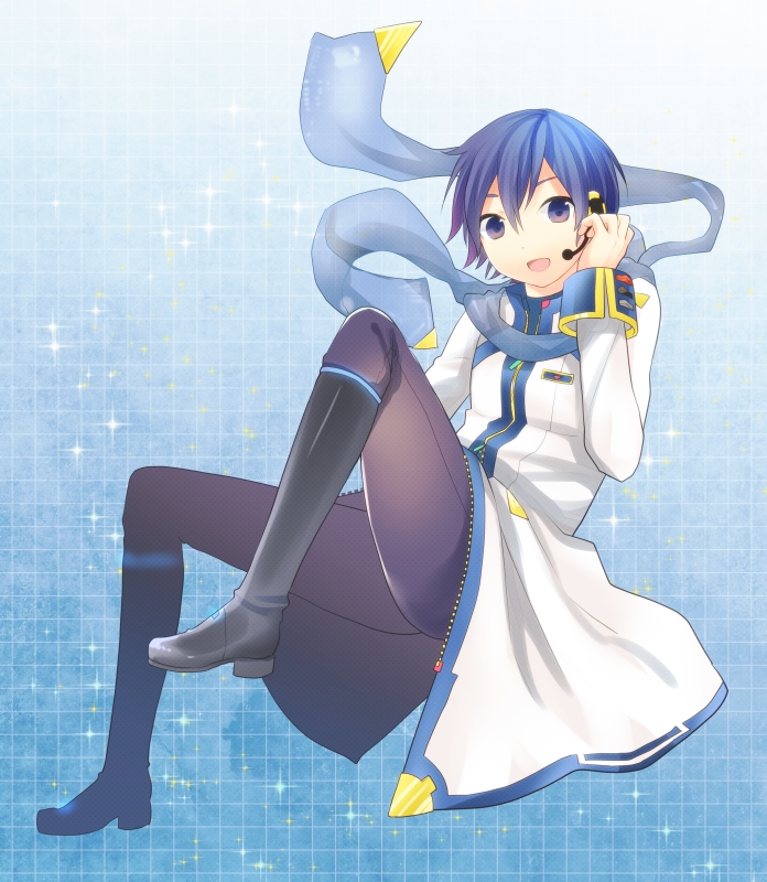 blue_eyes blue_hair boots coat headset kaito kaito_(vocaloid3) kikuchi_mataha looking_at_viewer male open_mouth scarf smile solo sparkle vocaloid