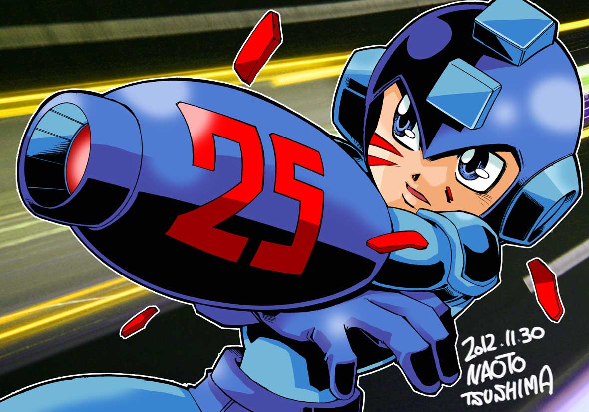 anniversary arm_cannon artist_name blue_eyes dated helmet robot rockman rockman_(character) rockman_(classic) solo tsushima_naoto weapon