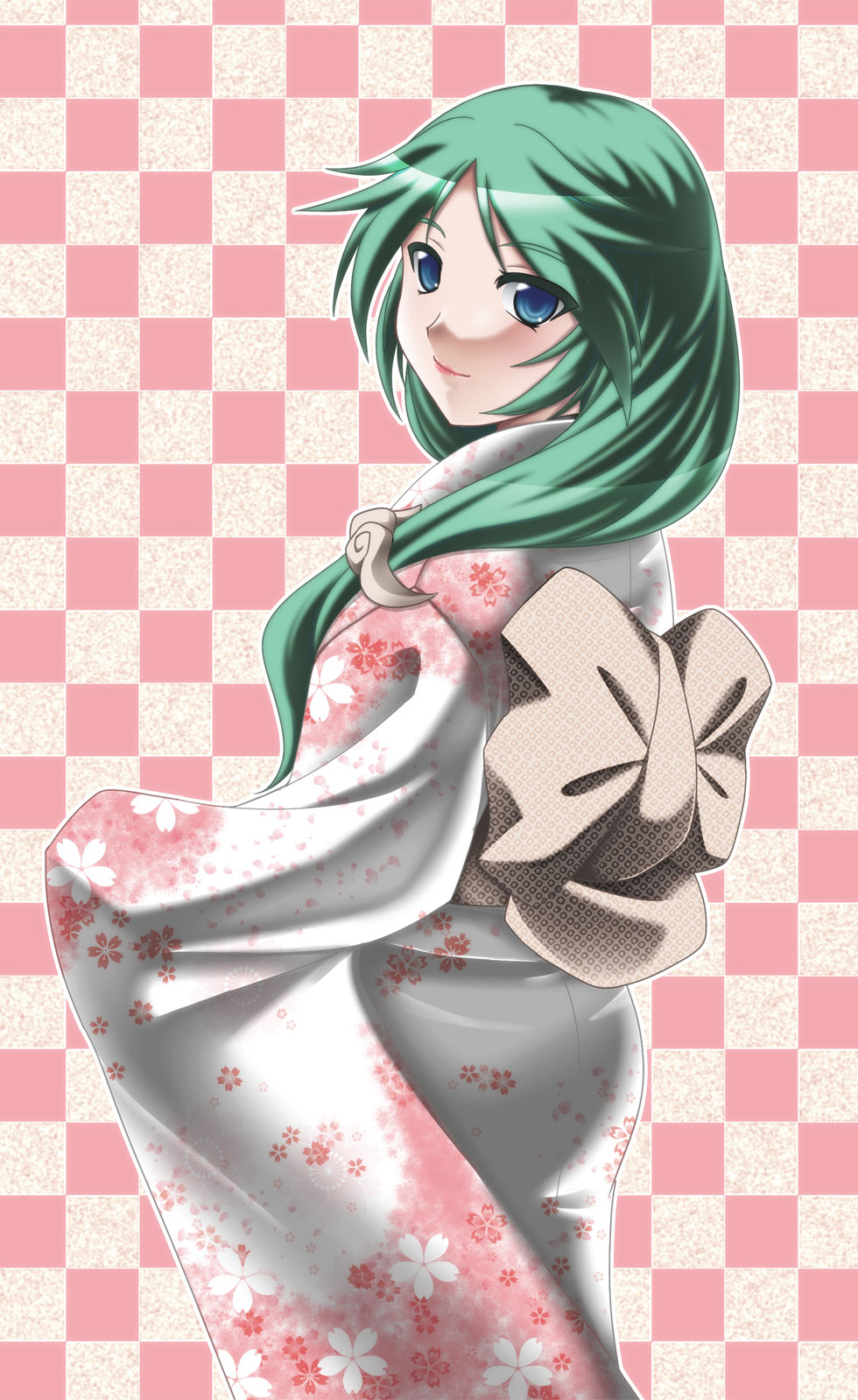 1girl alternate_costume blue_eyes bow checkered checkered_background from_behind green_hair hakkai highres japanese_clothes kid_icarus kimono long_hair looking_back palutena smile solo