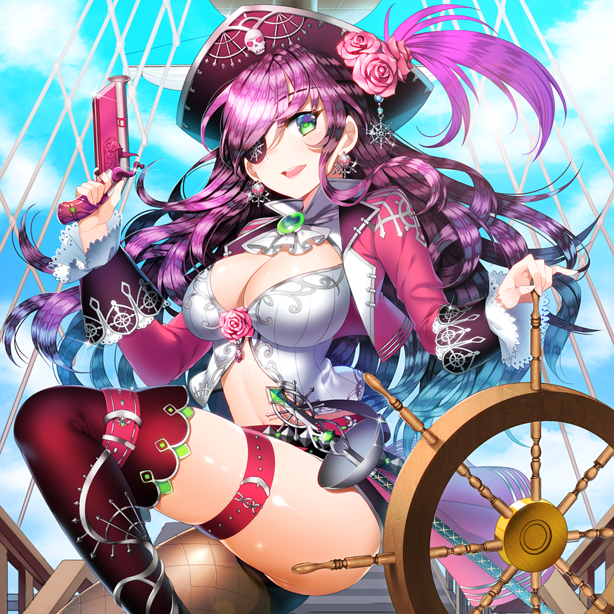 1girl aile_(crossroads) belt breasts cleavage eyepatch green_eyes hat heart large_breasts original pirate pirate_hat purple_hair solo thighs