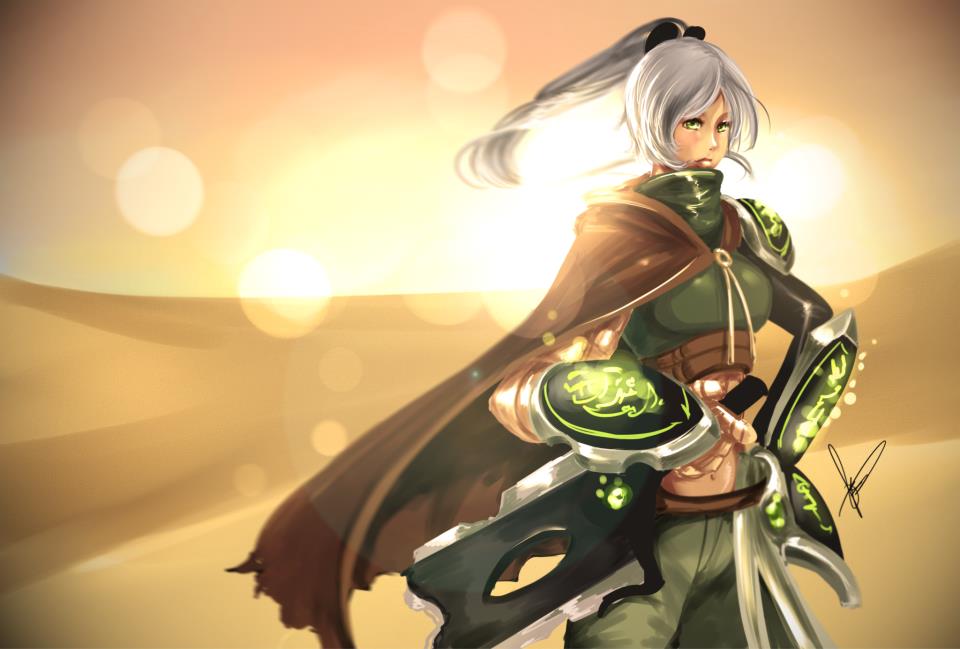 1girl cape green_eyes hannah_santos league_of_legends ponytail riven_(league_of_legends) solo watermark white_hair