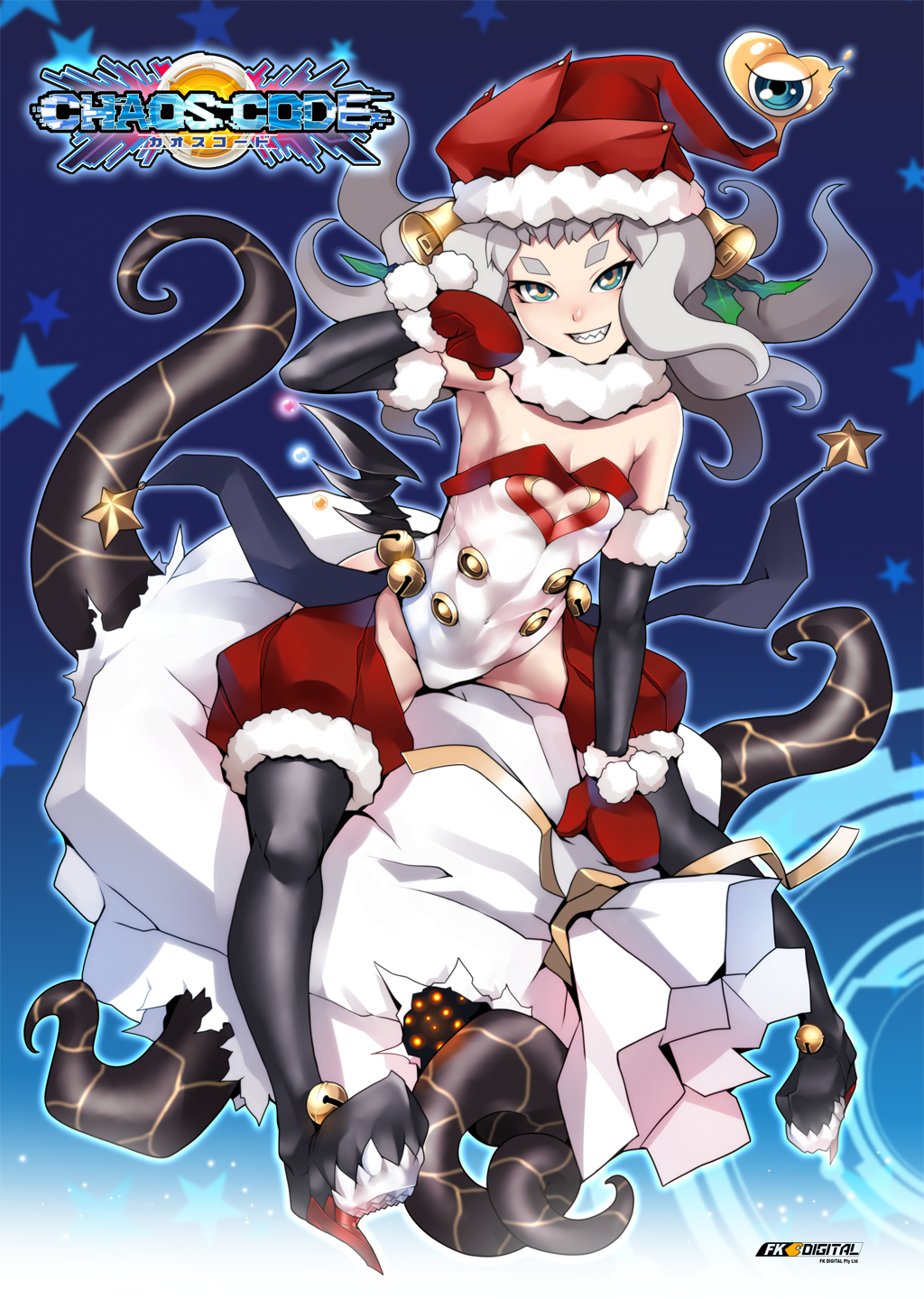 ban bell boots chaos_code christmas cthylla_(chaos_code) flat_chest fur_collar fur_trim green_eyes grin hair_bell hair_ornament hat high_heels highres long_hair mittens multicolored_eyes official_art riding sack santa_costume santa_hat sharp_teeth shoes silver_hair smile solo tentacle tentacles thigh-highs thigh_boots thighhighs yellow_eyes