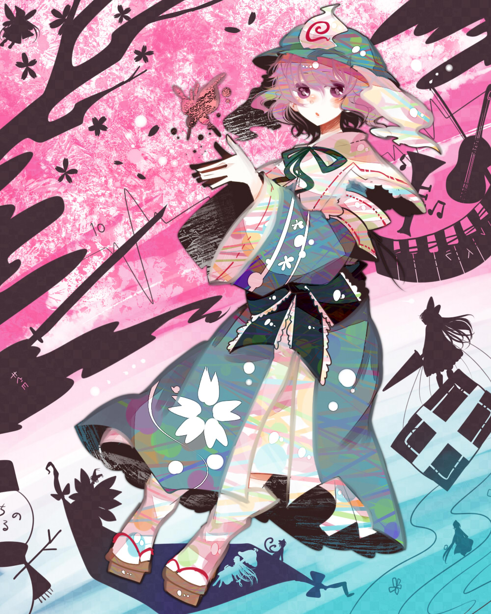 alice_margatroid book butterfly chen cherry_blossoms gap geta highres instrument japanese_clothes keyboard_(instrument) konpaku_youmu letty_whiterock lily_white lunasa_prismriver lyrica_prismriver merlin_prismriver open_mouth perfect_cherry_blossom petals pink_eyes pink_hair ribbon ringetsumon saigyouji_yuyuko sash shanghai_doll short_hair silhouette snowman solo sword touhou triangular_headpiece trumpet violin weapon wide_sleeves yakumo_ran yakumo_yukari