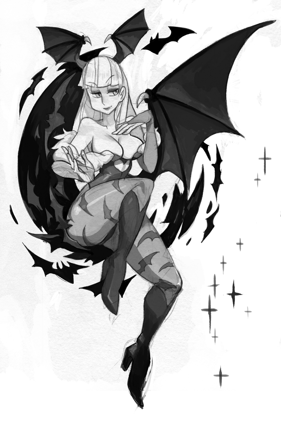 alex_ahad bare_shoulders bat bat_wings boots breasts bridal_gauntlets demon_girl head_wings high_heels highres knee_boots large_breasts leotard long_hair monochrome morrigan_aensland pantyhose print_pantyhose shoes sketch solo succubus traditional_media vampire_(game) wings