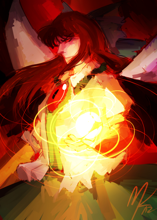 angry bow brown_hair faux_traditional_media fire glowing hair_bow kelbremdusk long_hair reiuji_utsuho rough side signature solo touhou