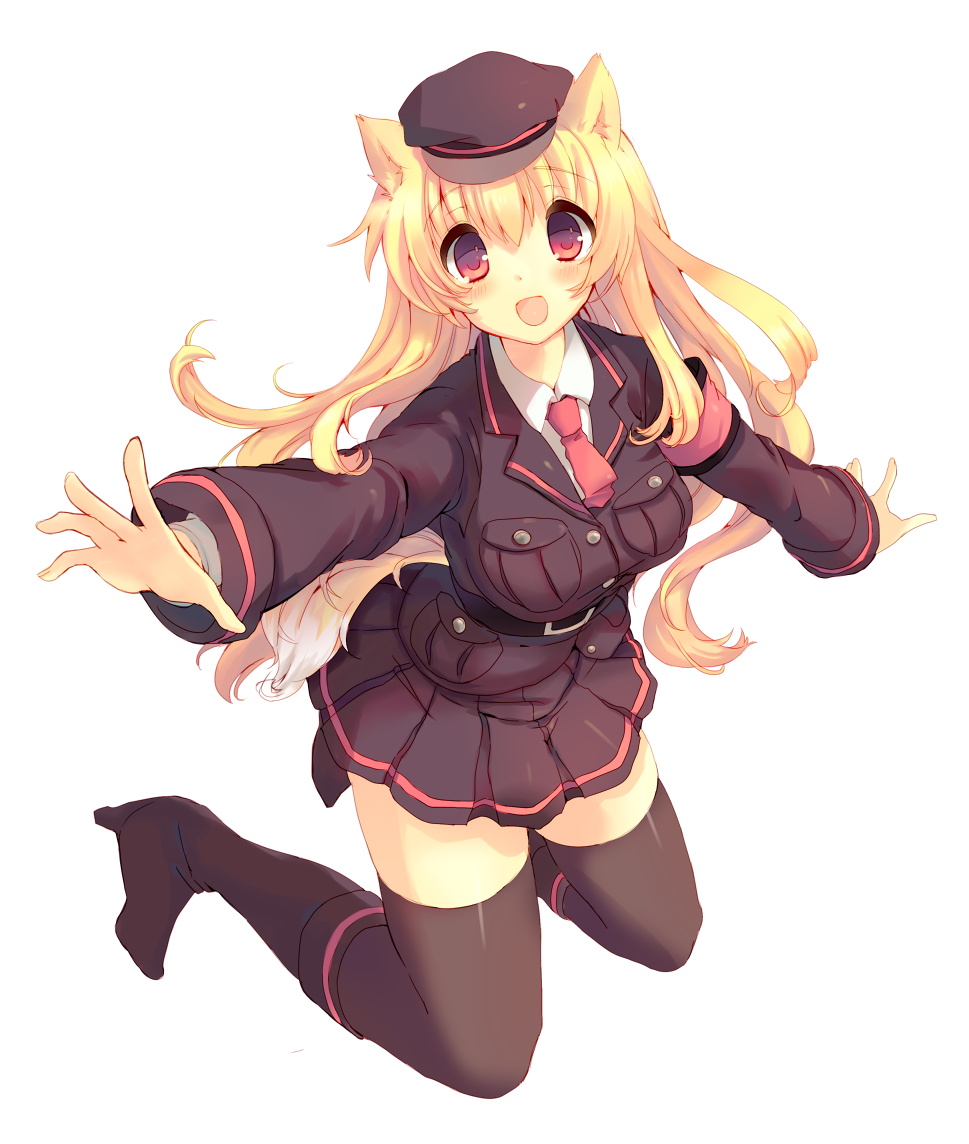 :d animal_ears black_legwear blonde_hair blush boots dog_ears dog_tail kinoko long_hair looking_at_viewer necktie open_mouth original red_eyes simple_background smile solo tail thigh-highs thighhighs uniform white_background zettai_ryouiki