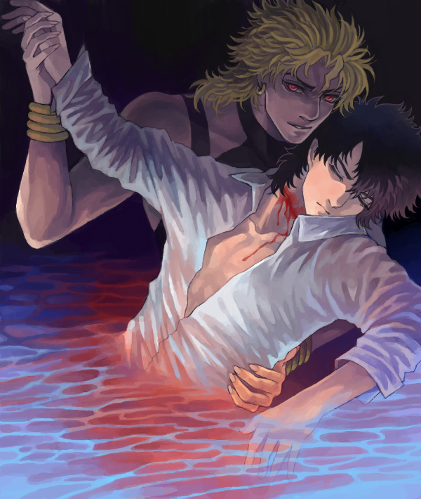 black_hair blonde_hair blood bracelet dio_brando drawr earrings jewelry jojo_no_kimyou_na_bouken multiple_boys partially_submerged red_eyes vampire wound wounded yuzure_mon