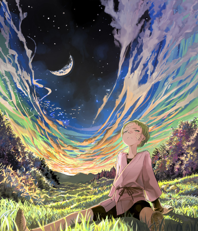 arm_support bandages bike_shorts bird cloud clouds grass green_eyes green_hair leaning_back moon nature original panorama sandals scenery short_hair sky star sunset