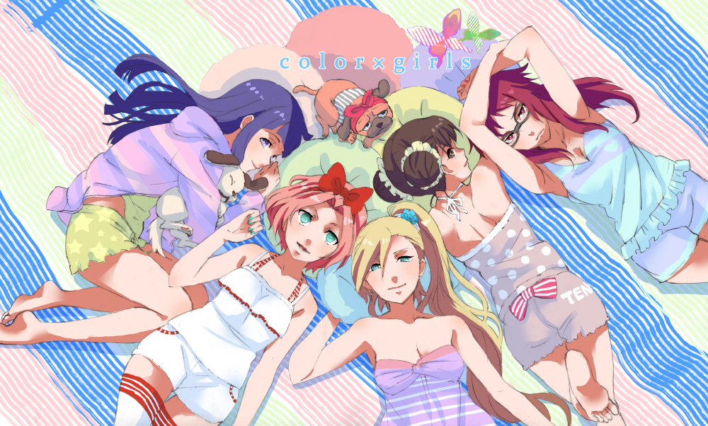 5girls akamaru_(naruto) barefoot blonde_hair bow brown_hair dog double_bun haruno_sakura hyuuga_hinata jabe karin_(naruto) multiple_girls naruto naruto_shippuuden pakkun pink_hair ponytail redhead tenten yamanaka_ino